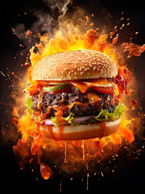 Foto una bellissima immagine di un hamburger che esplode schizzato di salsa in stile la fotorealistico