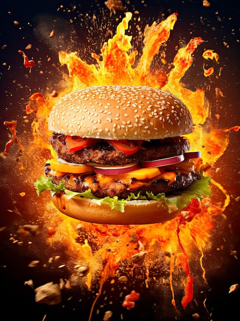 A beautiful image of an exploding hamburger splattered with sauce in the style of photorealistic la