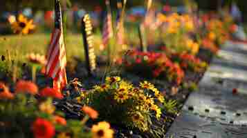 Photo a beautiful image of a field of flowers with an american flag in the background the flowers are in full bloom and the colors are vibrant