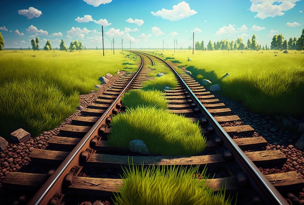 Beautiful image of grass covered railroad tracks taken during the day