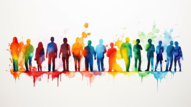 Beautiful image of a group of people silhouettes standing drawn in the style of colorful watercolors Generative AI