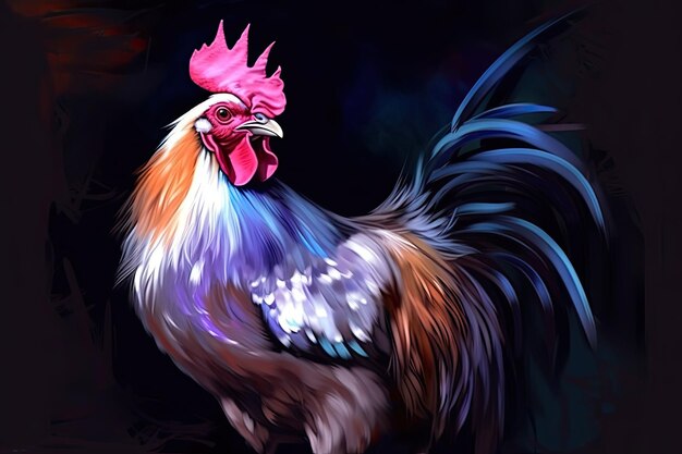 A beautiful image of a handsome rooster in shades of light violet and dark azure resembling a painting Generative AI