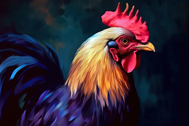 A beautiful image of a handsome rooster in shades of light violet and dark azure resembling a painting Generative AI