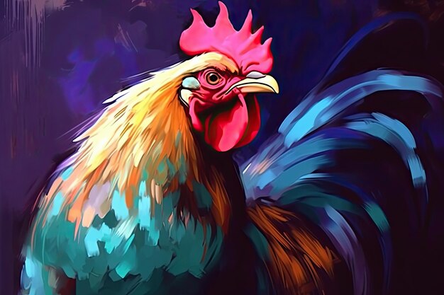 A beautiful image of a handsome rooster in shades of light violet and dark azure resembling a painting Generative AI