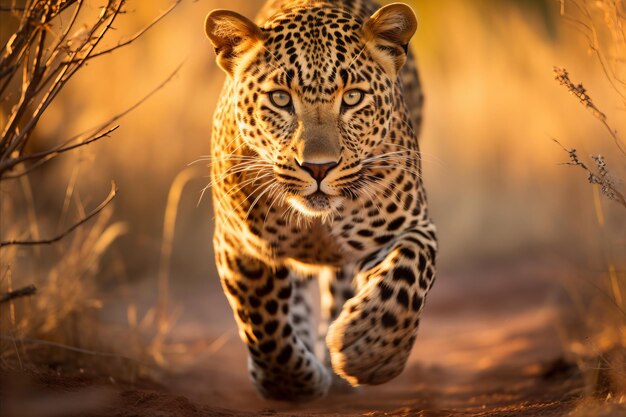 Foto una bella immagine di un leopardo che vaga attraverso la savana dorata africana in un incantevole tramonto