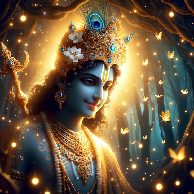 Красивое изображение бога Кришны с светлячками