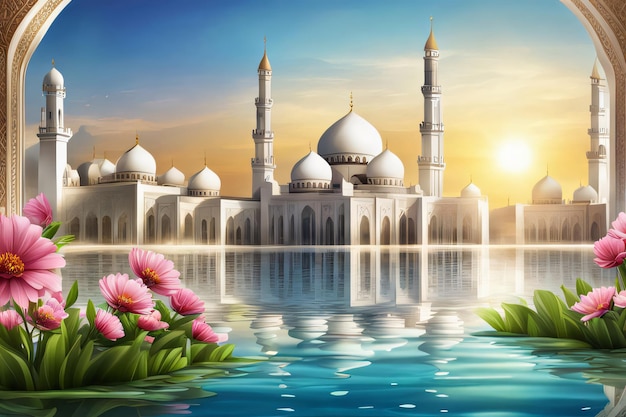 Photo a beautiful image of a mosque with a lake and flowers