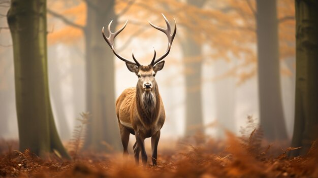 Beautiful image of a red deer stag in a forest landscape