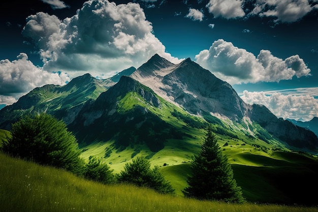 Beautiful image of white clouds covering green landscapes and mountains in a bright sky