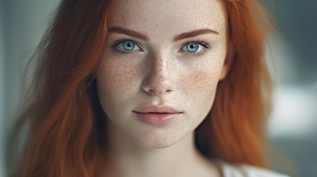 Beautiful imperfect red head woman with freckles on face