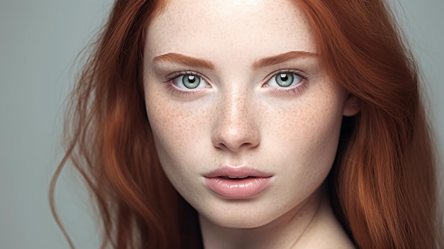 Beautiful imperfect red head woman with freckles on face