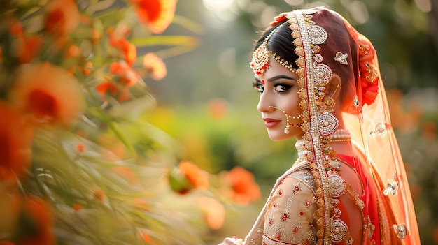 빨간색과 금색의 웨딩 드레스를 입은 아름다운 인도 신부는 무거운 금 목걸이와 귀걸이를 입고 머리는 은 베일로 여 있습니다.
