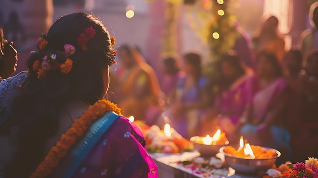 Foto una bella sposa indiana si siede davanti a un tavolo con una candela la sposa indossa un vestito viola con una sciarpa blu ha dei fiori nei capelli