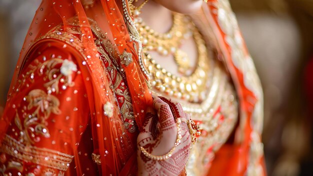 A beautiful Indian bride wearing a red and gold wedding dress She is wearing a lot of jewelry and has henna on her hands