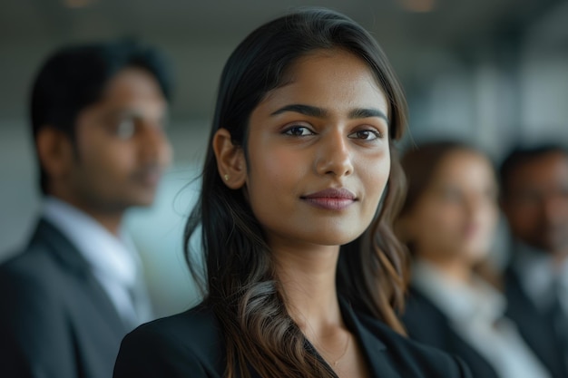 beautiful indian businesswoman standing in a row with colleagues