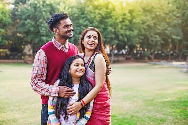 公園で一緒に立っている10歳の娘と美しいインドの家族