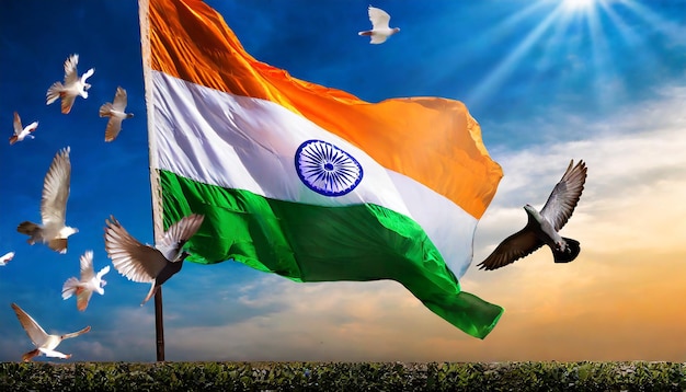 Beautiful Indian flag photo against blue sky and flying pigeon India Republic Day celebration