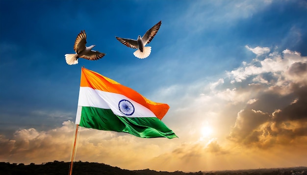 Beautiful Indian flag photo against blue sky and flying pigeon India Republic Day celebration