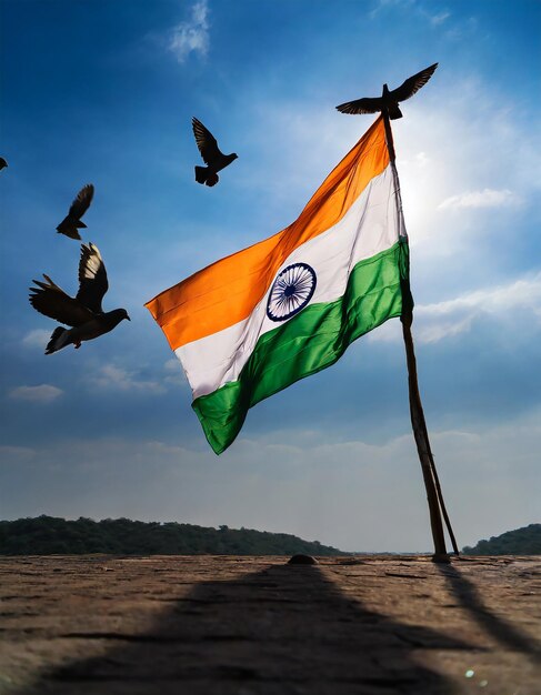 Beautiful Indian flag photo against blue sky and flying pigeon India Republic Day celebration