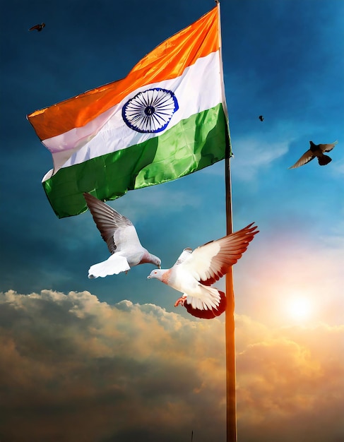 Beautiful Indian flag photo against blue sky and flying pigeon India Republic Day celebration