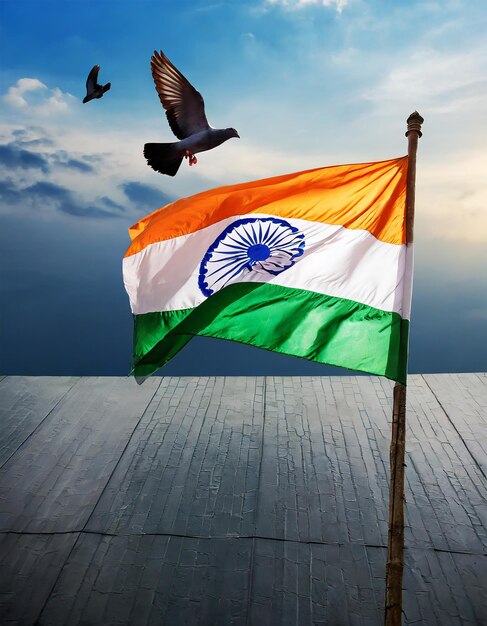 Beautiful Indian flag photo against blue sky and flying pigeon India Republic Day celebration