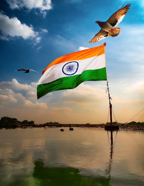 Beautiful Indian flag photo against blue sky and flying pigeon India Republic Day celebration