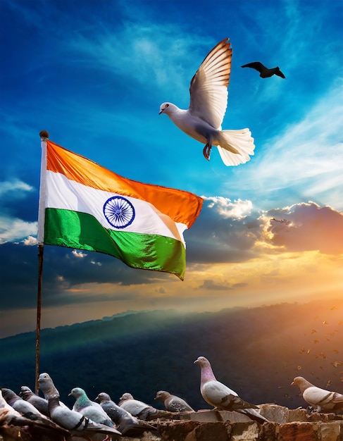 Beautiful Indian flag photo against blue sky and flying pigeon India Republic Day celebration