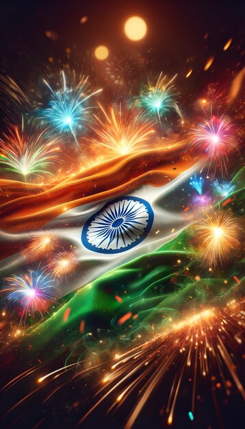 Foto bella bandiera indiana con fuochi d'artificio