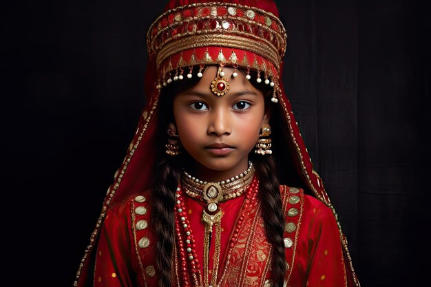 Beautiful Indian girl Hindu female model in sari and kundan accessories red traditional costume of india