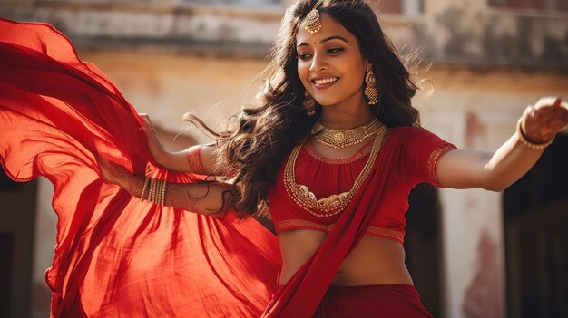 美しいインド人少女サリとクンダンのアクセサリーを着たヒンドゥー教の女性モデルインドの赤い伝統服装