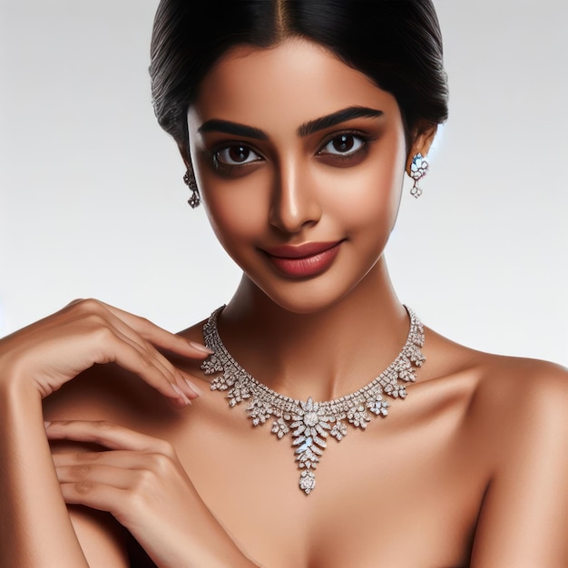 A beautiful Indian girl model showing a gorgeous diamond necklace isolated on clean background