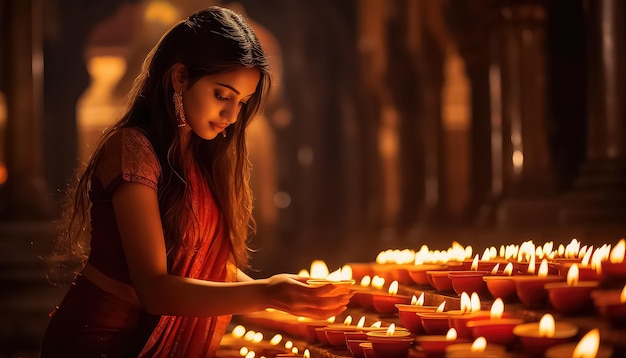 Beautiful Indian girl near candle during Diwali in India