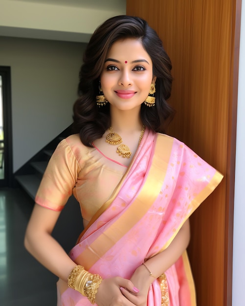 Beautiful indian girl in a pink saree