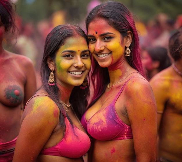 Beautiful Indian girl wear bikini with big breast on Holi festival