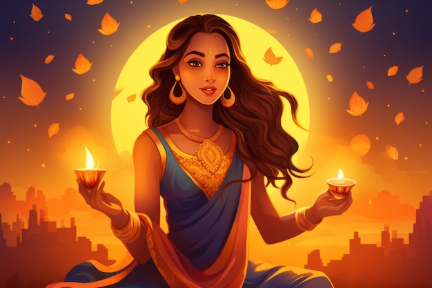 Beautiful Indian girl with diwali diya on city background