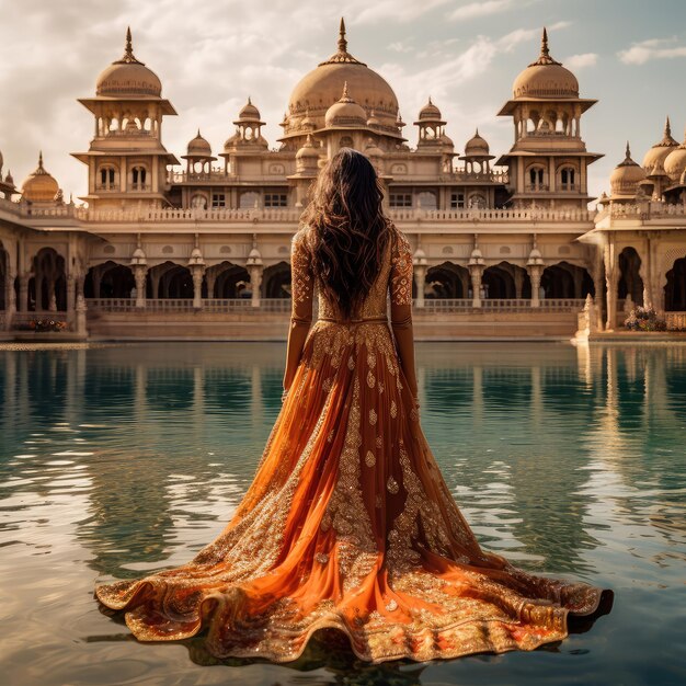 Beautiful Indian princess standing in front of a Umaid Bhawan Palace Jodhpur