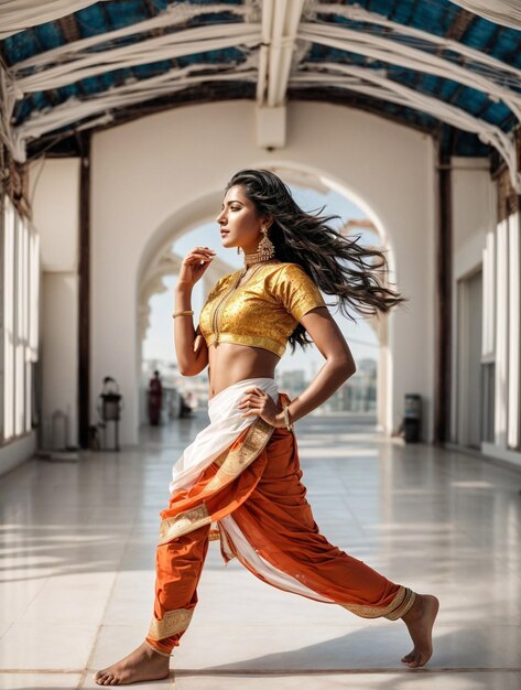 Foto bella donna indiana che balla nella sala di un tempio