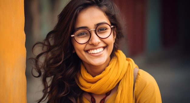 Beautiful indian woman in glasses happy and smiling female student with a love for education