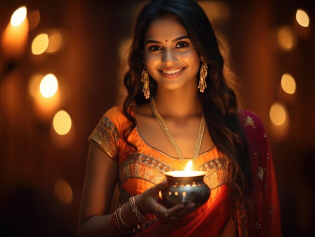 Beautiful indian woman holding diwali lamp