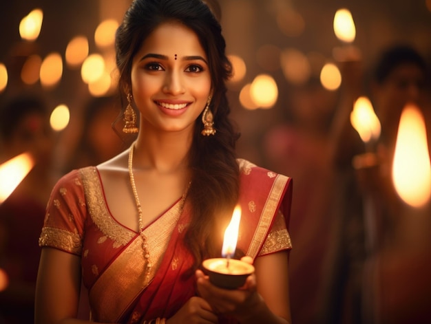 Красивая индийская женщина держит лампу Дивали
