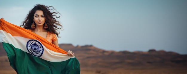 インドの国旗を保持している美しいインドの女性