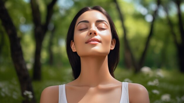 Foto una bella donna indiana sta facendo un esercizio di respirazione yoga in un parco estivo sta meditando in una postura che è buona per la sua salute