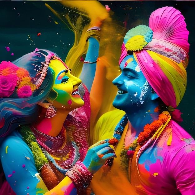 Beautiful Indian woman and man with colorful makeup Holi festival