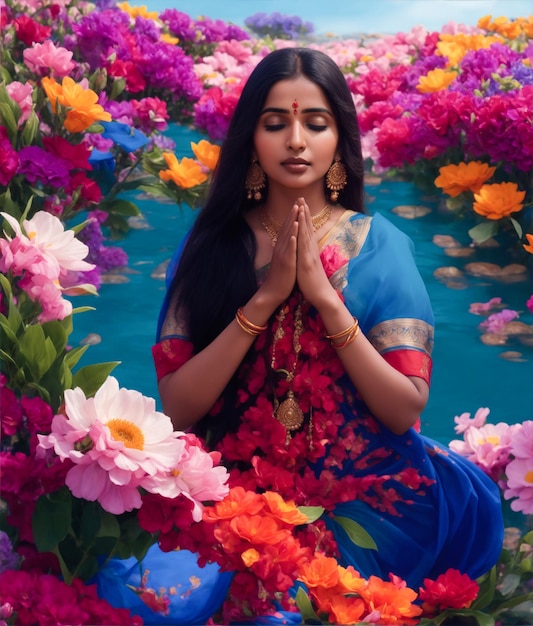 Beautiful indian woman praying surrounded by flower