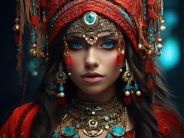 Beautiful indian woman in red and turquoise traditional dress