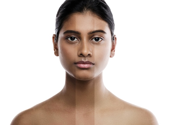 Beautiful Indian woman and result of skin whitening treatment