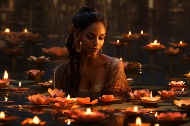 Beautiful Indian woman in the river and out of the water surrounded by lotus flowers