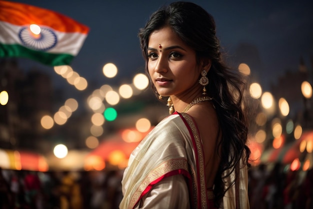 Beautiful Indian woman in saree at night behind Indian flag