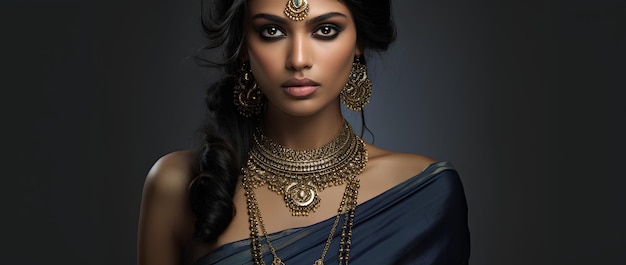 beautiful Indian woman in sari in the style of dark bronze