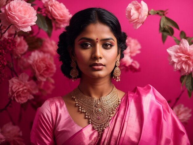 Beautiful indian woman in traditional clothes on pink background